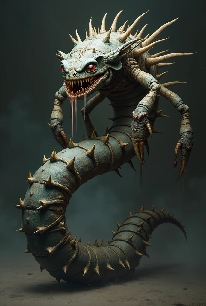 **1. Vermisnake
• Appearance: A serpentine creature with the body of a snake but covered in chitinous, beetle-like armor. It has a series of spiky, crustacean-like protrusions along its back and a gaping, multi-fanged mouth.
• Abilities: Can slither swiftly and inject venom that causes temporary paralysis. Its armored body provides strong defense against physical attacks.