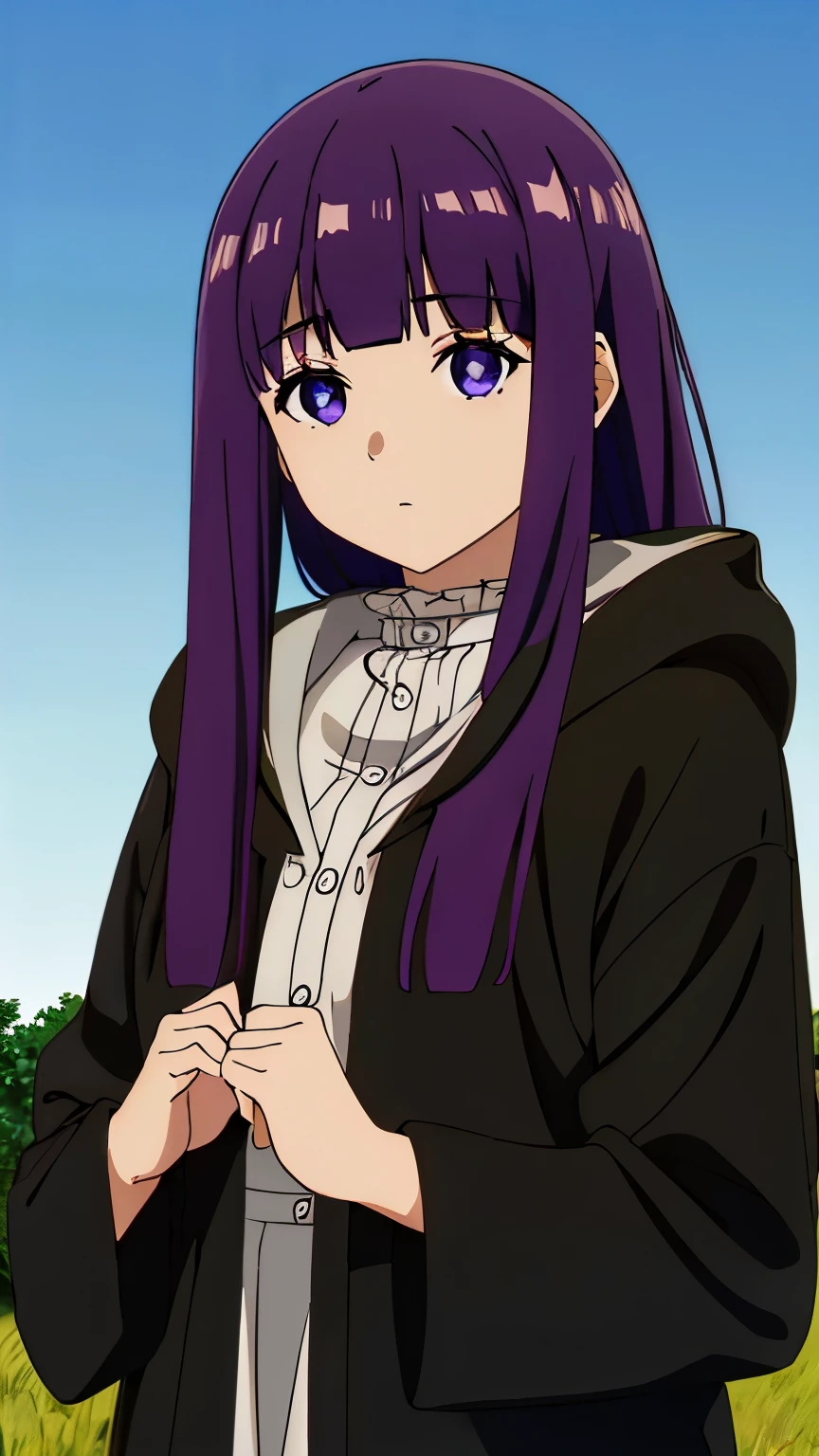 (masterpiece, best quality, high resolution, 8k:1.2), Anime Coloring, ((ultra-detailed)), beautiful detailed eyes, extremely detailed face, perfect lighting, extremely detailed CG, perfect hands, perfect anatomy, perfect body, perfect hands, perfect fingers highres, cinematic lighting, atmospheric lighting, solo, (fern_sousounofrieren:1.5), 1girl, (Bright purple hair:0.9), purple pupils, (black hooded coat,frilled shirt collar,long sleeves, closed mouth, expressionless, Daytime, blue sky, Grassland), looking at viewer, (Cowboy shot:1.2),
