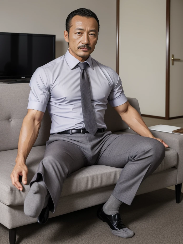 40 years old，Hidetoshi Nakata，（Kogoro Mori 1.3），whole body，Lean，muscle，office，black，foot，Suit，transparent袜子，foot抬起，sofa，Baldhead ，transparent，Thick body hair，underwear，Topless，Densely hairy，Fortitude，HD，With a mustache
