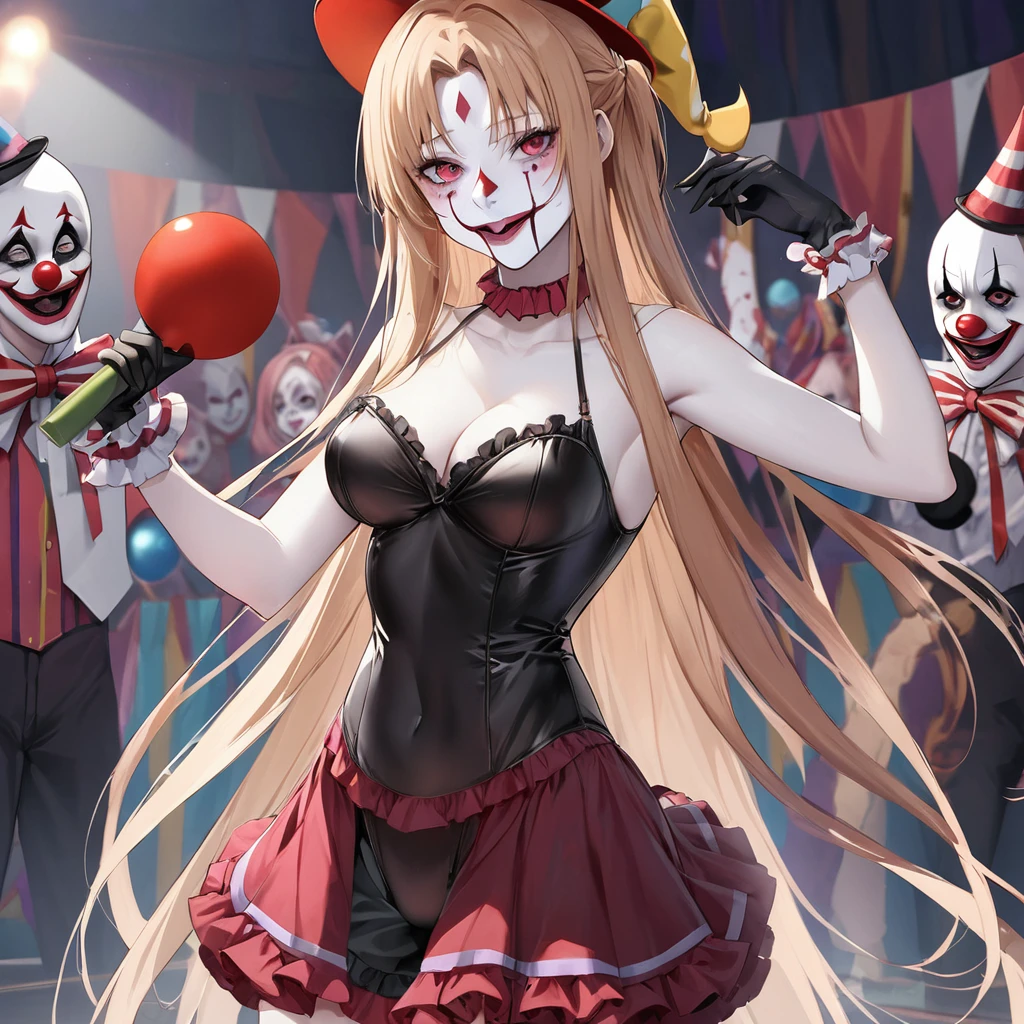 ((Highest quality)), ((masterpiece)), (detailed), (Perfect Face)、((The woman is Yuuki Asuna, with light brown, medium-long hair, pure white skin, and a creepy clown mask.))、The woman is an evil clown wearing a risque black rubber V-neck leotard, long black rubber boots, long black rubber gloves, lots of frills and clown decorations, a clown collar, a clown jester hat, a swallowtail skirt, and makeup on her clown face and red nose.、The woman is a wicked and lewd clown, a minion of an evil organization.、The woman is performing a clown strip show in an evil circus.