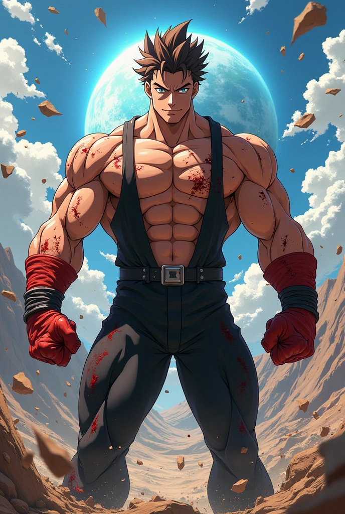 Create a male anime charcter with bulcky hody, brown hair and blue eyes and black outfit, destroying a planet and he is coverd with blood