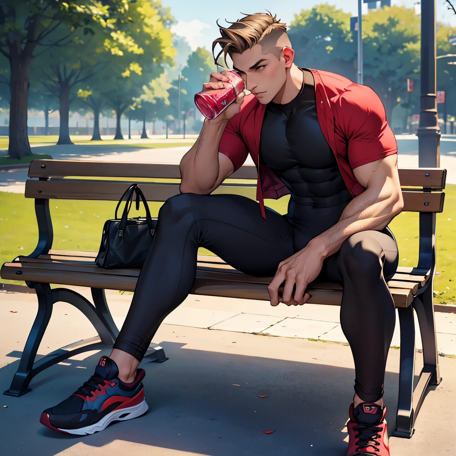 full view, full body, one young white european handsome guy with light-brown undercut haircut, wearing tight lycra t-shirt, burgundy shiny lycra sport tights, white socks and hype futuristic running shoes with important transparent air soles, seated on bench in parisian parc, resting, waiting for someone, drinking proteinic drink