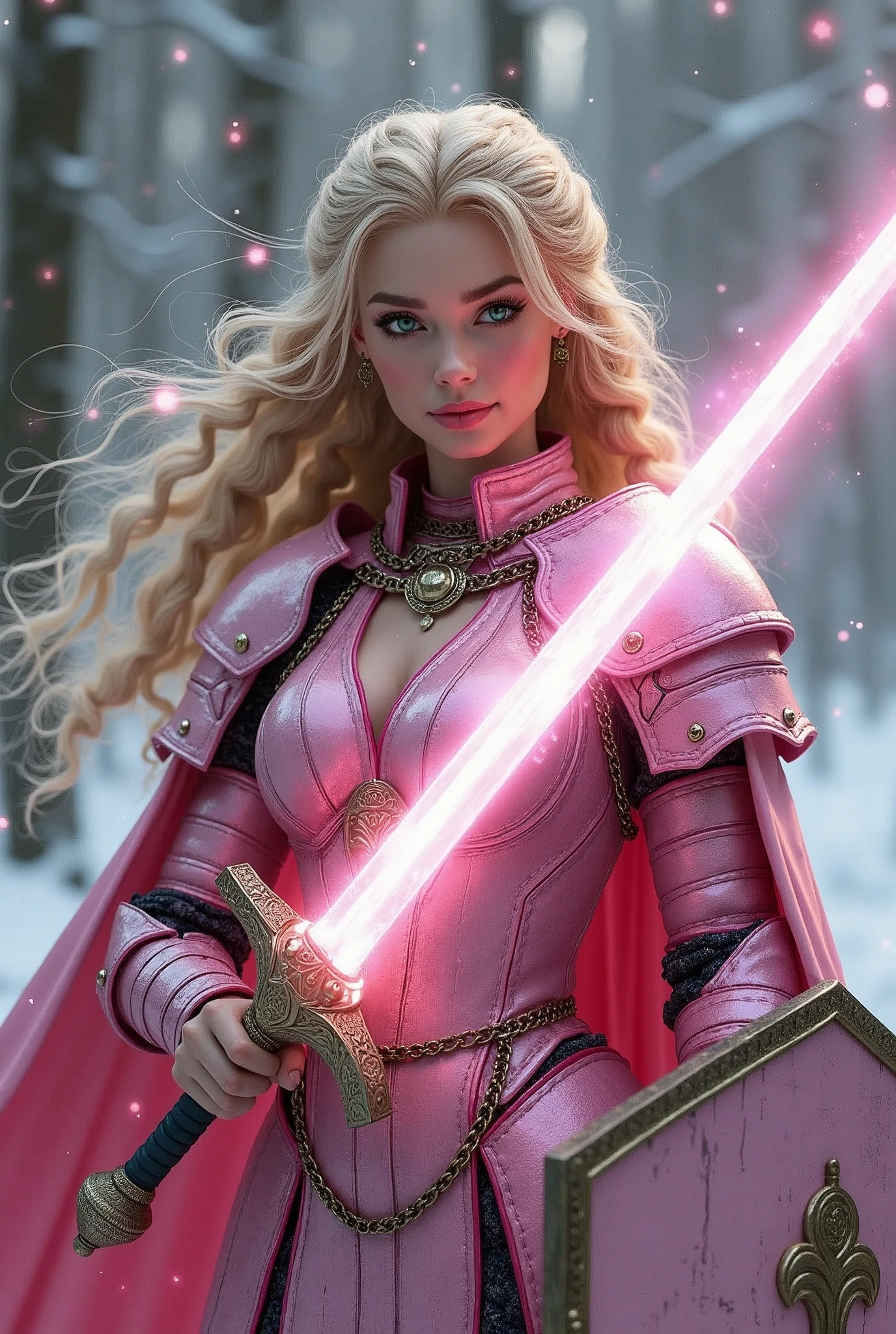 ((portrait, upper torso, armored female paladin, battle worn gloss pink lacquered perfectchainmail armor:0.4, alabaster cloak, (((((big tits, huge breasts, large chest, Barbie))), [bright blonde hair:dark hair:0.8]))), clear green eyes, blackout eyeshadow, iron circlet), braids, glowing radiant white star engraved sword, shield, sparks, windy, outdoor frozen snow snowy forest, dynamic battle pose
