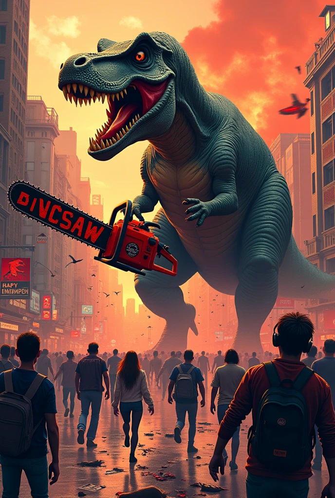 (((3D,CGI))) A T-Rex holding a chainsaw labeled "DINOSAW" on the blade creating blind panic in a buzzy street filled with people, with severed limbs visible, rendered as a hyper-detailed digital illustration, combining photorealistic textures with exaggerated cartoon violence, reminiscent of a modern graphic novel cover art style. Vibrant color palette with emphasis on red and orange tones, dynamic composition with strong diagonal lines to convey chaos and movement, high contrast lighting to highlight the dinosaur's menacing presence against the panicked crowd, ultra-sharp focus on key elements like the chainsaw and terrified expressions, created using digital painting techniques with visible brush strokes for added energy and texture.