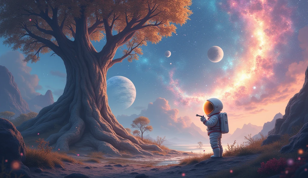 "A tiny, intrepid Thumbelina-like astronaut stands on a shimmering, iridescent cosmic landscape, surrounded by:
- Swirling galaxies and nebulas in soft, feathery hues
- Glowing stars and planets that twinkle like diamonds
- A majestic, ancient tree with gnarled roots that stretch into the cosmos, its branches tangled with glittering stardust
- Delicate, glowing cosmic petals or leaves that float around the character like fireflies
The curious explorer wears a miniature spacesuit with a gold visor and holds a small, glowing orb that pulsates with an otherworldly energy. Alternatively, they might peer through a tiny telescope, symbolizing their quest for discovery.
The color palette features soft, pastel shades of:
- Blue: gentle sky blue, dusty periwinkle, and powdery cobalt
- Purple: lavender, lilac, and plum
- Pink: pale rose, blush, and stardust
Accents of gold and silver add a touch of magic and wonder, representing the awe-inspiring mysteries of the cosmic universe