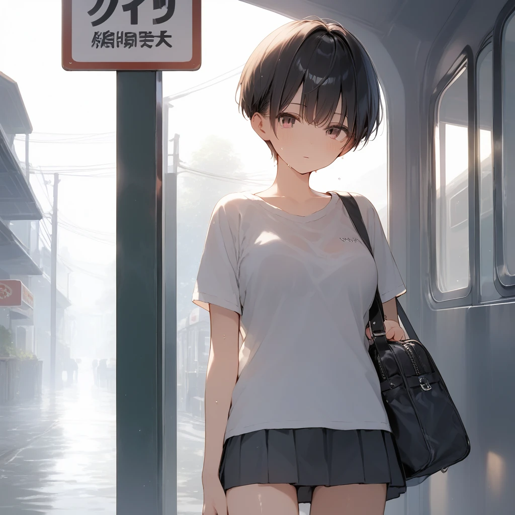 score_9, score_8_up, score_7_up, source_anime, best quality, masterpiece, official art, absurdres, highres, ultra-detailed,waifu2x,Collection: Pixiv 1000,break,1girl, school girl, very short hair, pixie cut, medium breasts, slender, thighs, beautiful detailed eyes, expressionless, sweat, sleepily, (disgust:0.3), pov, rainy, bus stop, outdoors, break,(clear line illustration:1.2), super detailed skin, shiny skin, very high resolution, very aesthetic, Best sexual lighting powered by famous artist, 4k, 8k, 16k, cute picture, beauty illustration,photoshop_(medium),,(Detailed Lighting),best anime 8k konachan wallpaper, pixiv contest winner,