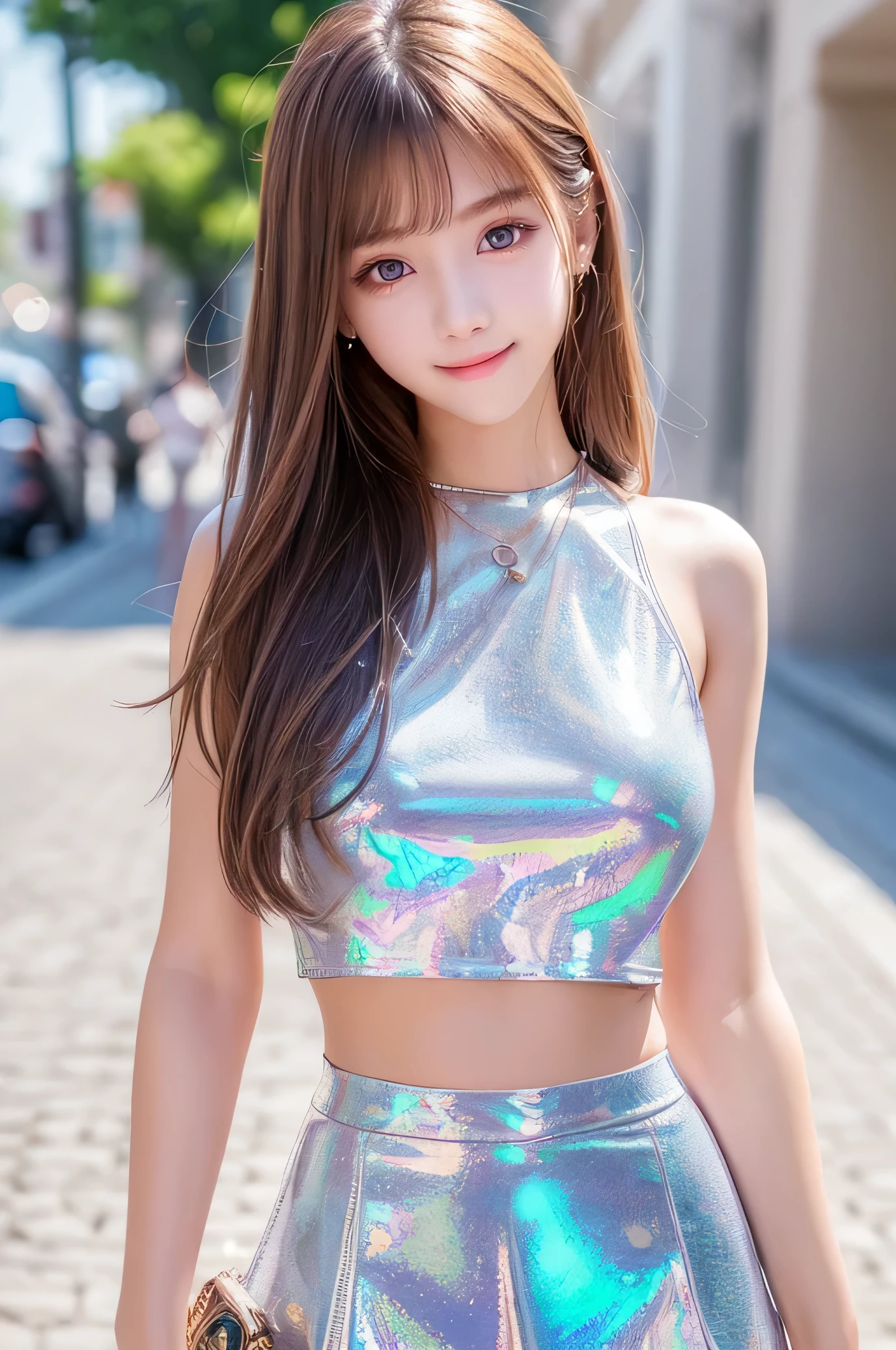(super nice cute face:1.2),(Very beautiful cute girl),16 yo,(beautiful clear Eyes with a  radiance:1.2), Beautiful detailed eyes, Detailed double eyelids, (smiling), (realistic photograph:1.1), long straight brown hair, (Super Shiny metallic gold flare mini Skirt:1.1), (Super shiny white transparent holographic fashionable summer tops:1.1),in the street ,panty 