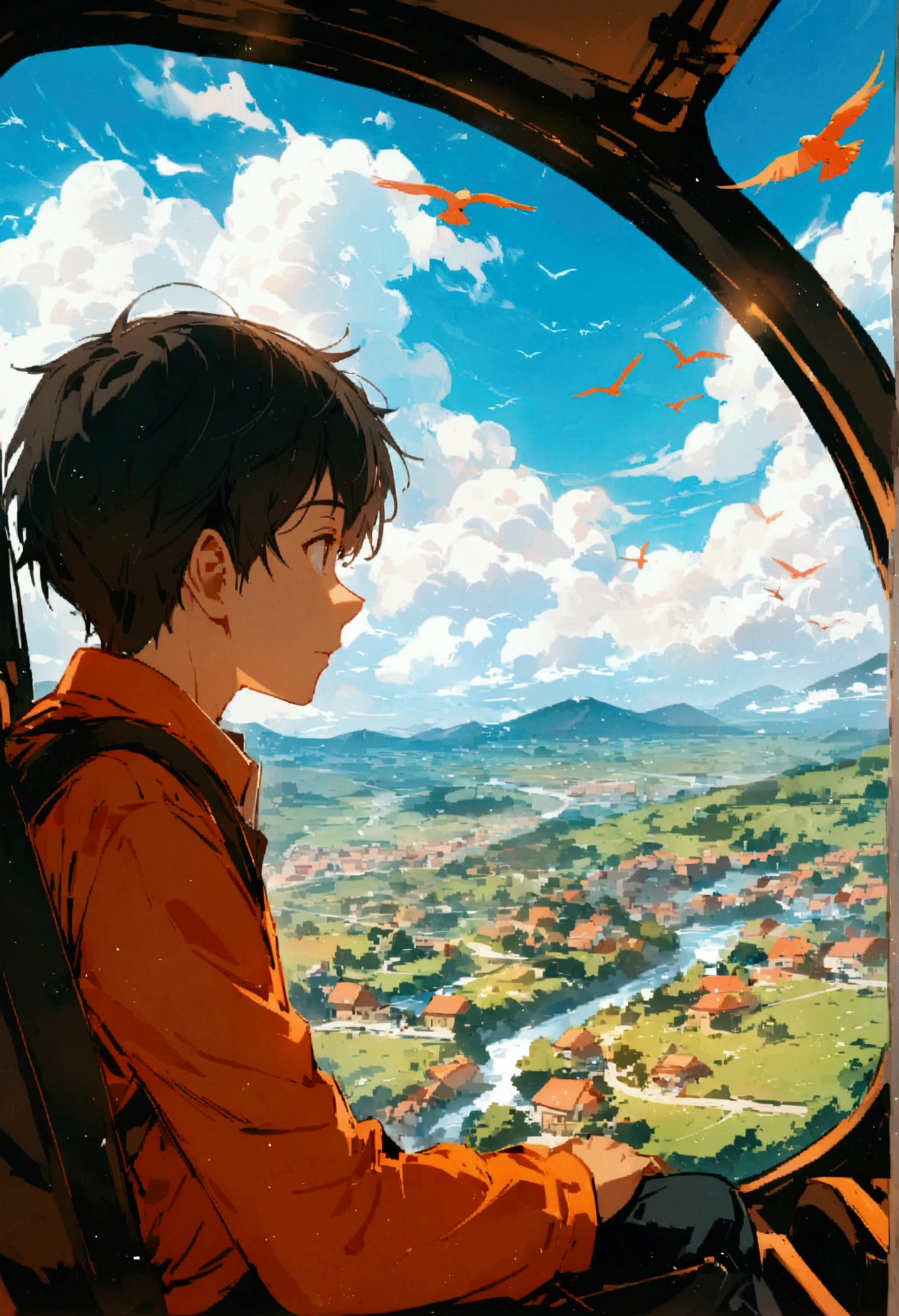 I need a landscape. A boy watching a view from inside a helicopter. He is watching a lot of houses mountains rivers and sky. A lot of birds are flying. A lot of clouds are there