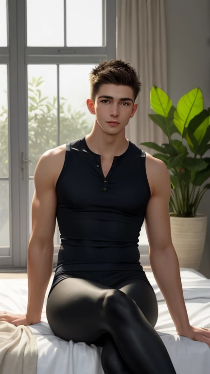 (photorealism:1.2), young man, sitting on bed, wearing sleeveless cultivation dress,, very short spikey boyish hair, indoors, soft lighting, plants in background, window with sunlight, cozy room, relaxed pose, realistic, intricate details, warm colors, by Greg Rutkowski, by Alphonse Mucha, wide hips , long legs, thick thighs, large feminine hips, thin and narrow weist, leggings , hot man 