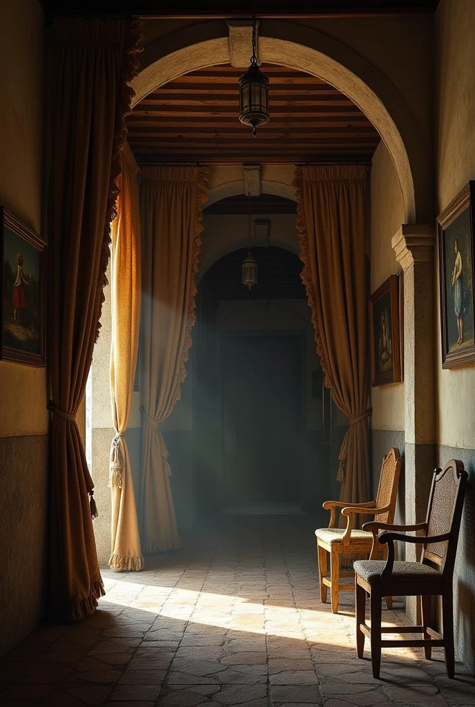 White room inside Bernarda&#39;s house. Thick walls. Arched doors with jute curtains finished with tassels and ruffles. Cane chairs. Paintings with improbable landscapes of nymphs or legendary kings. It&#39;s summer. A great shadowy silence, suspense and it is only felt by the scene. When the curtain rises, the scene is alone..