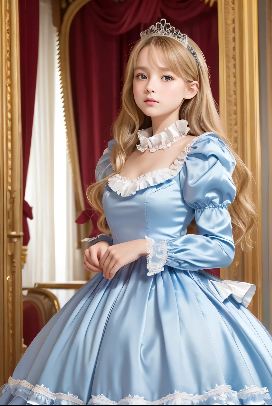 highest quality, masterpiece, highest resolution, artwork, super それにget used to it, many get used to it, get used to it, それにget used to it, 3k realistic pictures,,(( girls)),Ultra-detailed juvenile face,ultra-detailed beautiful little girls,girlsrincess,full length ball gown dress with hoop skirt,ruffled yoke collar,puff sleeves,long sleeve,((Lolita style light blue detailed princess satin dress with lots of ruffles and ribbons)),Rococo style lolita fashion,shiny satin dress,Soft and smooth fabric,detailed princess dress,luxury,long blonde hair,blue eyes,white skin european,Pajama,((in the bedroom of the palace)),luxury princess canopy king size pink bed,shiny satin sheets,ultra-detailed princess bed,High-quality background,lot of frilled pillows,on the bed,