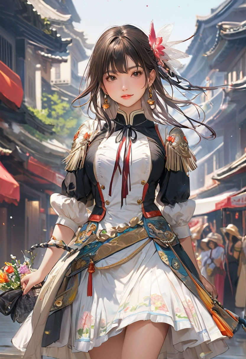 (masterpiece, Highest quality:1.2), one person's, alone,Bony body、5 years old、ferry, ((Long Hair)), ferryBase, ((Knee socks)), Exposing shoulders, ((jewelry)), ((No sleeve)), White Dress, Blue Skirt, ((gloves)), Up to the thighs,