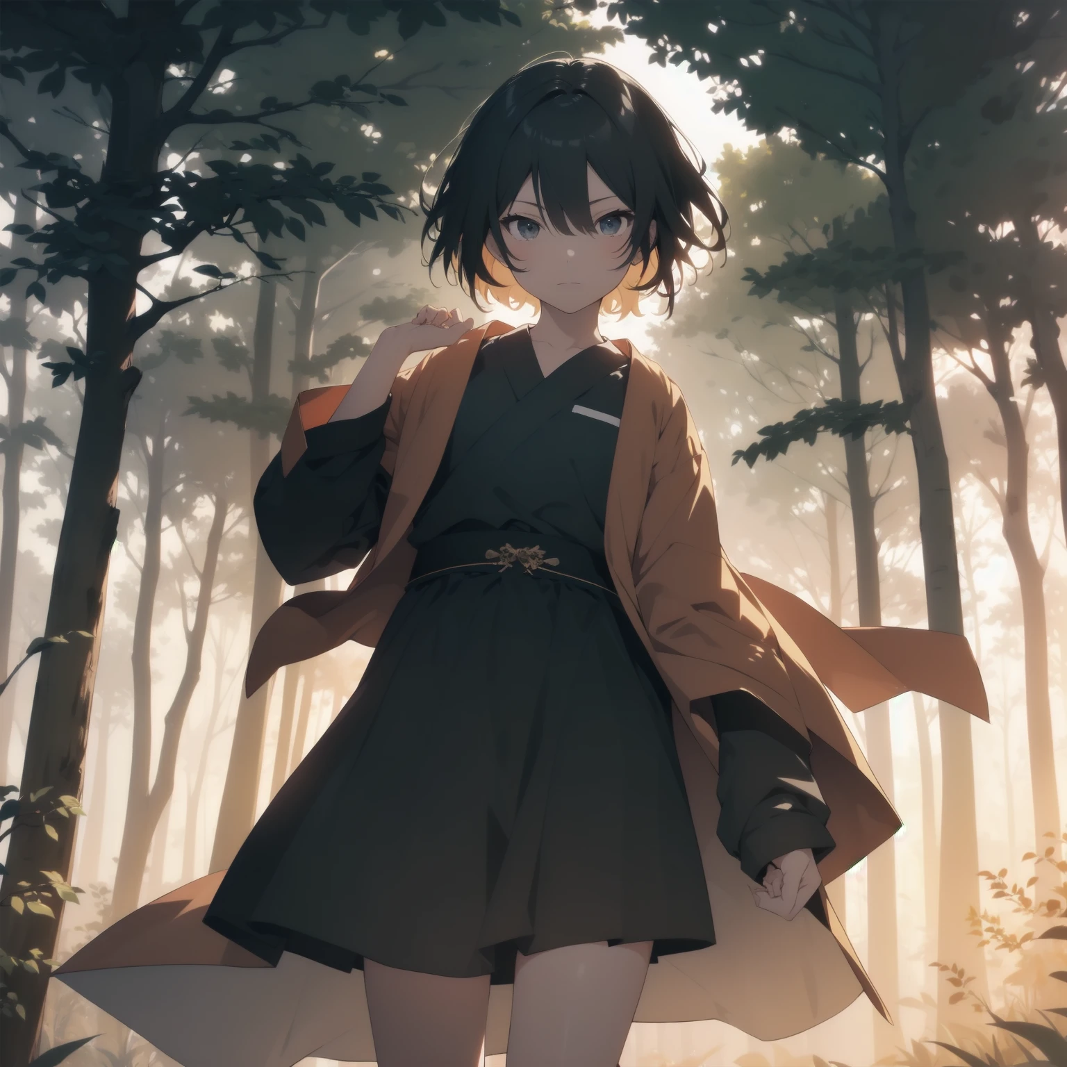 ultra-absurdres-Top quality by artist God, ultra-detailed, high resolution, anime moe artstyle, best anime 8k konachan wallpaper, pixiv contest winner, pool:2810, perfect anatomy,break, 1girl, ninja, (Please draw a ninja girl walking sleepily to forest alone. )break,(Solo,little female, 10-year-old:1.3),Full limbs, complete fingers,(very short hair), short cut, flat chest, thighs, small butt, small black eyes, beautiful detailed eyes, well-proportioned iris and pupils, expressive eyes, highres detailed hair, expressionless,ninja clothes, short kimono, short shorts, scarf, (Detailed Lighting), (Detailed background), night, in the forest. break,super detailed skin, Best cinematic lighting powered by famous artist, 8k,beauty illustration,photoshop_(medium),very aesthetic,break,((artist:shiromanta )), artist:clamp ,artist:carnelian ,artist:kantoku ,

