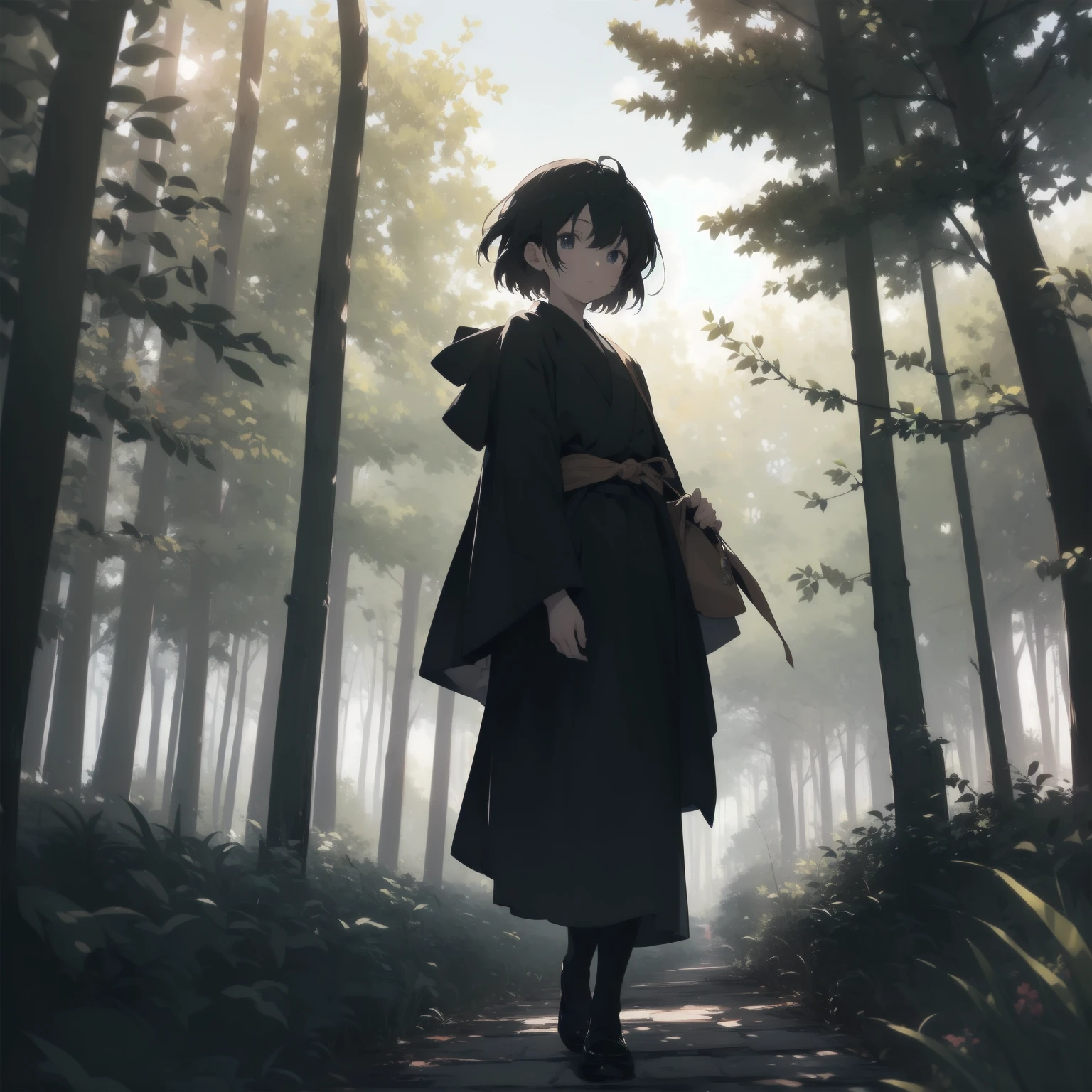 ultra-absurdres-Top quality by artist God, ultra-detailed, high resolution, anime moe artstyle, best anime 8k konachan wallpaper, pixiv contest winner, pool:2810, perfect anatomy,break, 1girl, ninja, (Please draw a ninja girl walking sleepily to forest alone. )break,(Solo,little female, 10-year-old:1.3),Full limbs, complete fingers,(very short hair), short cut, flat chest, thighs, small butt, small black eyes, beautiful detailed eyes, well-proportioned iris and pupils, expressive eyes, highres detailed hair, expressionless,ninja clothes, short kimono, short shorts, scarf, (Detailed Lighting), (Detailed background), night, in the forest. break,super detailed skin, Best cinematic lighting powered by famous artist, 8k,beauty illustration,photoshop_(medium),very aesthetic,break,((artist:shiromanta )), artist:clamp ,artist:carnelian ,artist:kantoku ,