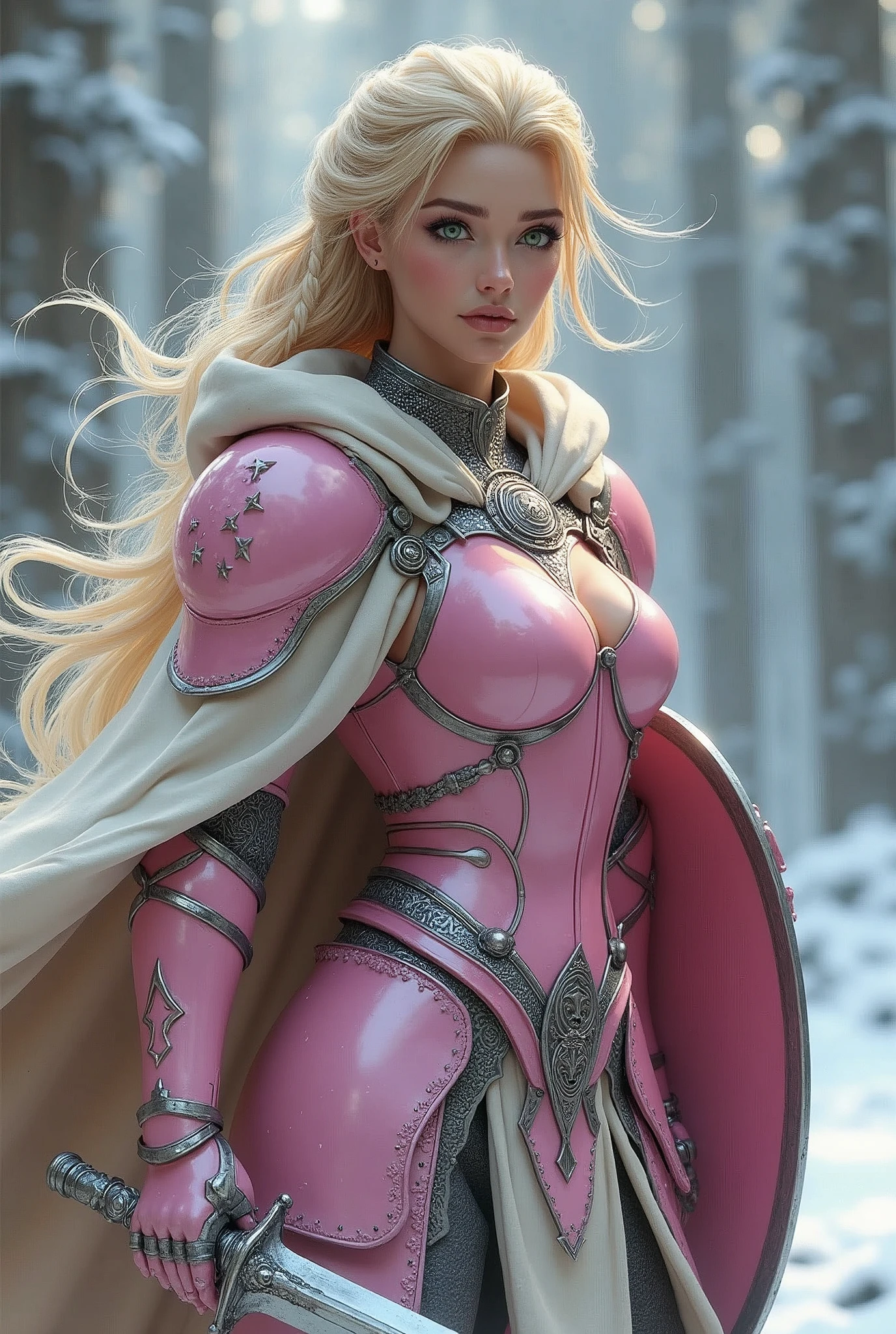 ((portrait, upper torso, armored female paladin, battle worn gloss pink lacquered perfectchainmail armor:0.4, alabaster cloak, (((((big tits, huge breasts, large chest, Barbie, topless))), [bright blonde hair:dark hair:0.8]))), clear green eyes, blackout eyeshadow, iron circlet), braids, glowing radiant white star engraved sword, shield, sparks, windy, outdoor frozen snow snowy forest, dynamic battle pose