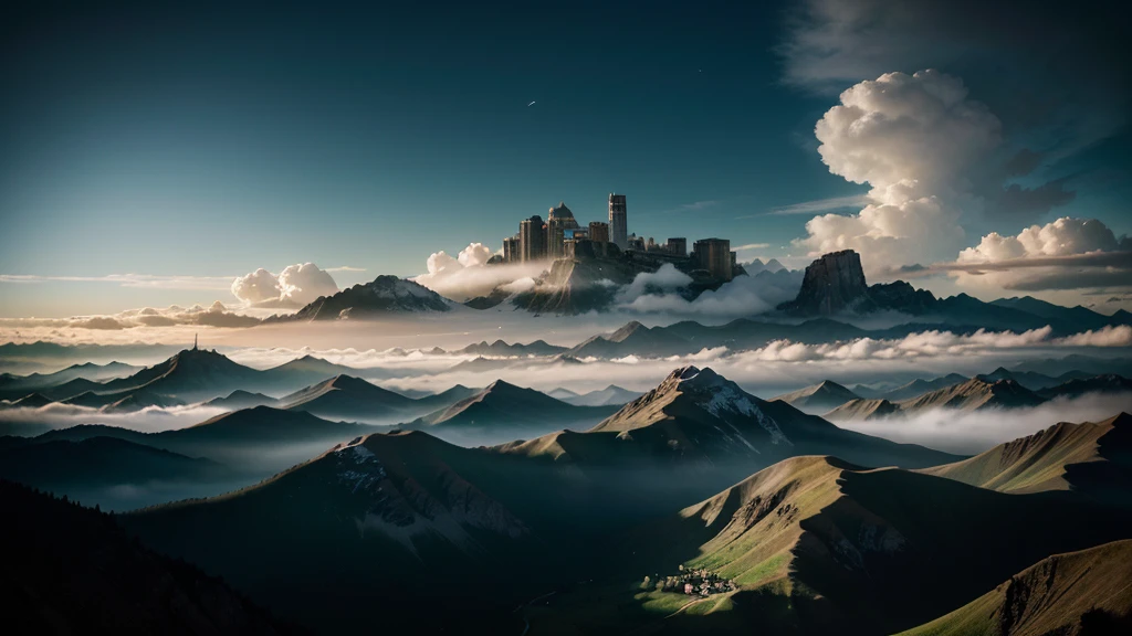 Sky City Fantasy, In the center of the illustration is a heavenly city made with amazing architecture and symmetrical forms, Photorealistic drone photo of a mountain slope. Morning over the city, morning over the magical and mystical city in the sky, cozy heavenly city, cozy place in the morning, The silhouettes of plants and the contours of the landscape became increasingly clear in the light of the rising sun, The air on this unfamiliar planet was saturated with aromas, never before encountered by the human sense of smell, The thick and sweet scent of flowers, mixed with spicy notes of unknown plants.. Wei is next to him, A light fog swirled, creating an atmosphere of mystical wonder and absolute silence, the windows of houses and buildings sparkle with a bright yellow light, Kodak ektar film, 35mm photography, professional lighting, deep aesthetic, microscopic details, contemporary art, dreamlike surrealism, The scene is epic and mysterious, reminiscent of the X-Files, dreamy, ethereal, ultra-detailed, Strong contrast, Good depth of field, 8K wallpaper, Masterpiece, Aesthetic illustration in realistic style, Dark Clouds almost completely covered the sky, the air is very humid, urgently outside, In the background, huge, incomprehensibl
