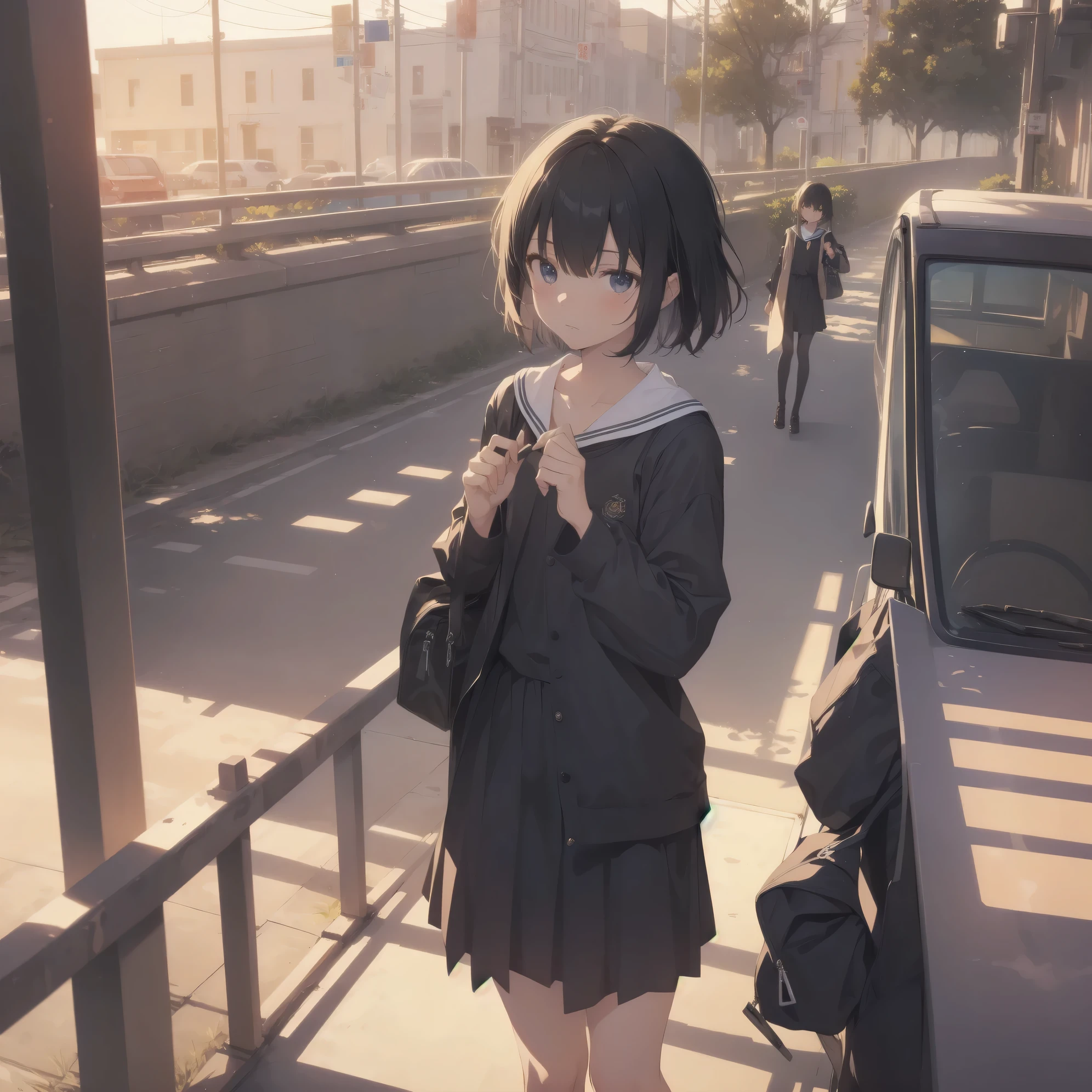 ultra-absurdres-Top quality by artist God, ultra-detailed, high resolution, anime moe artstyle, best anime 8k konachan wallpaper, pixiv contest winner, pool:2810, perfect anatomy,break, 1girl, (Please draw a girl walking sleepily to school alone. )break,(Solo,little female, 13-year-old:1.3),Full limbs, complete fingers,a junior high school student, (very short hair), short cut, flat chest, , small butt, small black eyes, beautiful detailed eyes, well-proportioned iris and pupils, expressive eyes, highres detailed hair, soft expression, salor school_uniform, sailor collar, serahuku, bow, pleated skirt,(Detailed Lighting), (Detailed background), in the School commute route. break,super detailed skin, Best cinematic lighting powered by famous artist, 8k,beauty illustration,photoshop_(medium),very aesthetic,break,((artist:shiromanta )), artist:clamp ,artist:carnelian ,artist:kantoku ,