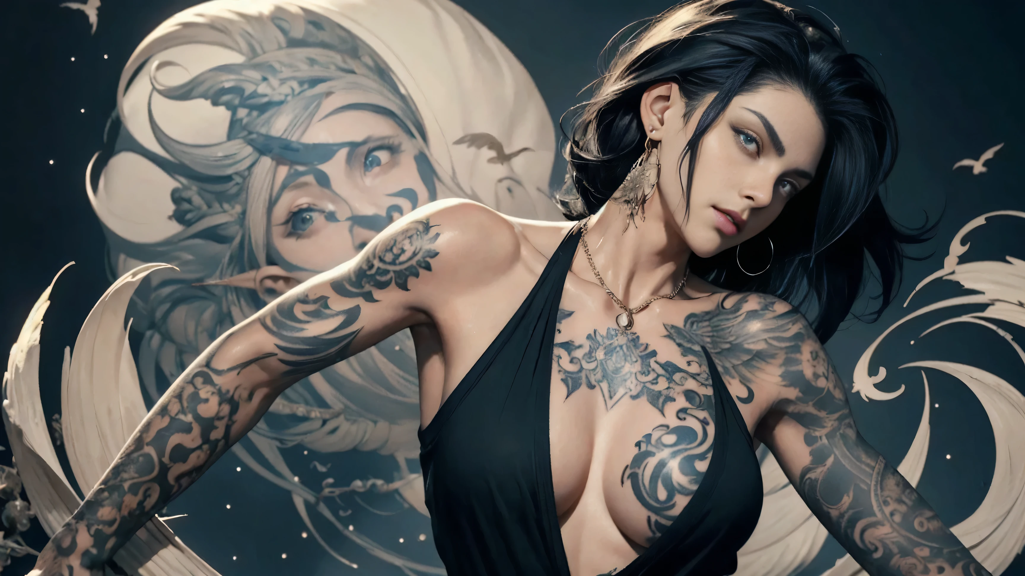 enhance face 4k, to improve ---
**character description:**
**name:** luna
**General appearance:**
luna é uma mulher jovem e confiante com uma presença marcante. Her style is a mix of rebellious attitude and contemporary elegance., which makes her a powerful and inspiring figure.
**muka e body hair:**
- **muka:** Your face is oval in shape, with defined features and an intense look. Your eyes are big and expressive, deep green, with well-defined eyebrows that highlight her penetrating gaze.
- **body hair:** She has straight black hair, cut in a modern, bold style, with one side shaved and the other longer, falling in disorderly layers. Hair is often styled with a touch of shine or a slight wave at the ends..
**tattoo's:**
- **arms:** His arms are covered with a variety of detailed and colorful tattoos., which include geometric patterns, stylized flowers, and elements of nature, like leaves and birds in flight. The tattoos have an artistic and fluid style, creating a sense of movement.
- **Back and Shoulders:** An elaborate and grand tattoo stretches across his back and shoulders, depicting an intricate mandala with details of night landscapes and celestial elements, like stars and crescent moon.
- **hands:** In your hands, she has small discreet tattoos, like symbols and words in cursive fonts, adding a touch of mystery.
**badass clothing e Accessories:**
- **badass clothing:** luna usa uma jaqueta de couro preta, adjusted to the body, with metal details, over a basic black t-shirt. She also wears ripped pants, who show off their tattoos in a subtle and elegant way.
- **Accessories:** She adorns her neck with a thin chain necklace and wears minimalist rings on her fingers.. Furthermore, has a pair of big, bold hoop earrings.
**stance e Expressão:**
- **stance:** luna tem uma postura ereta e confiante, with a slight smile on his face