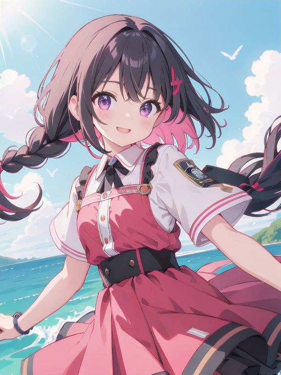 Highest quality、Ultra-high resolution、Highly detailed face、Eye highlights、Girl with black braided hair、Pink clothes with a black base、Hair and skirt fluttering in the wind、Wind-feeling background、smile