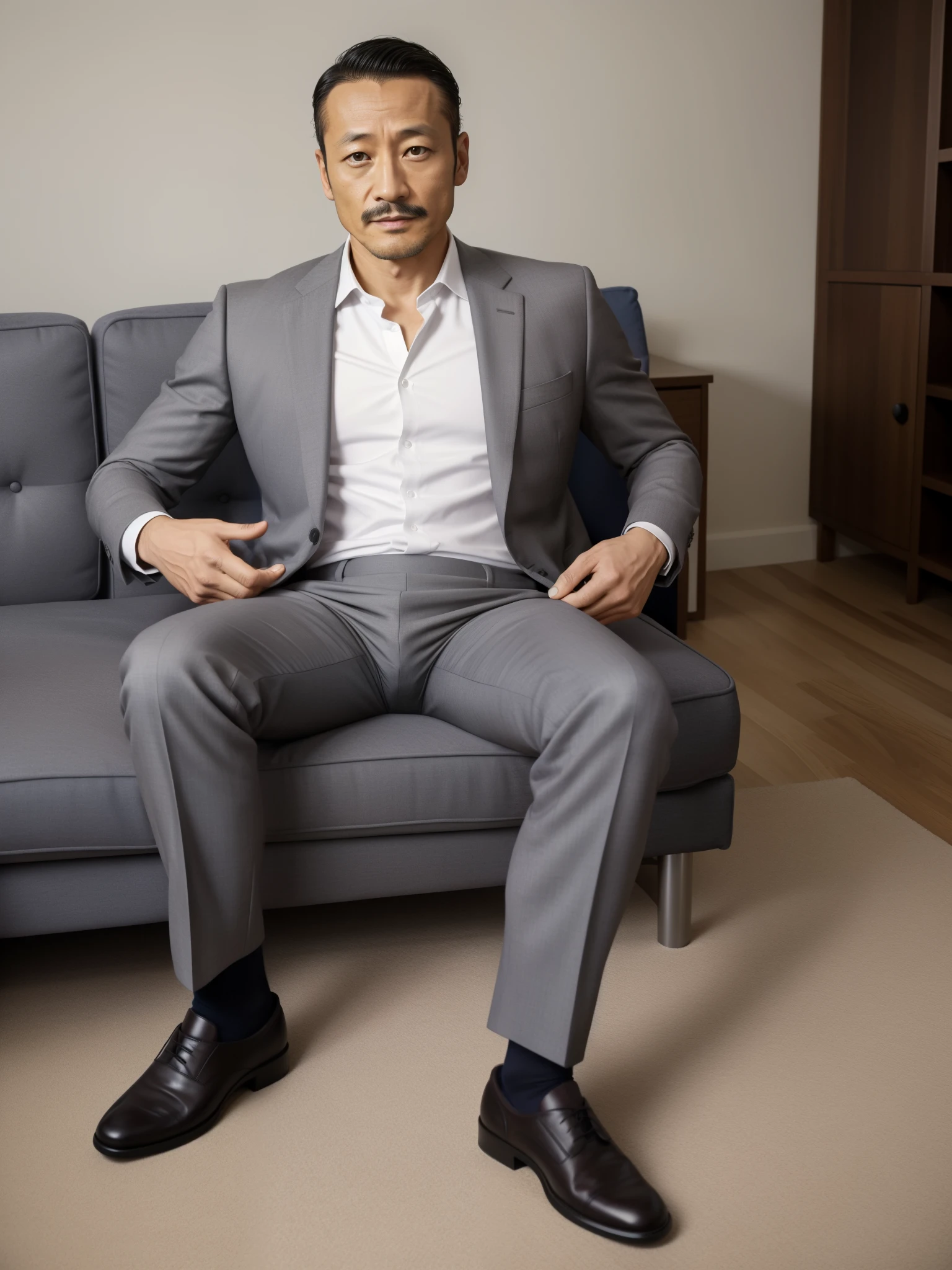 40 years old,Hidetoshi Nakata,(Kogoro Mori 1.3),whole body,Lean,muscle,office,grey socks,Suit,Feet raised,sofa,Baldhead ,transparent,Thick body hair,underwear,Topless,Densely hairy,Fortitude,HD,With a mustache