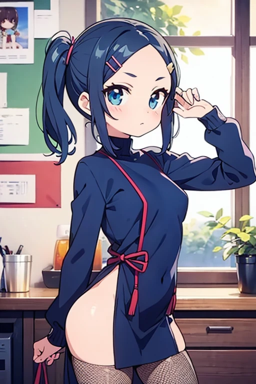 1 Cute naughty Assassin girl, Pastel colors hair, medium breasts, (Thighs, fishnet pantyhose, ninja costume, Shinobi costume), short hair, (dark blue hair:1.2), (naked:1.3), (forehead:1.2, bangs pinned back, asymmetrical bangs, hairclip, side ponytail:1,2), standard height, (Serious, Large eyes, yuruyuri), at the adventurer's guild, A bulletin board with posted paper