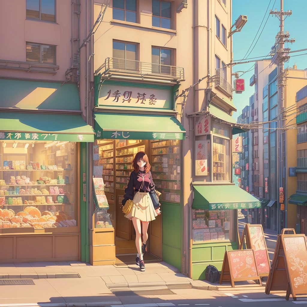anime style illustration, depicting a woman, walking down the street in front of the store., anime background art, anime background, Tokyo, Anime scene, anime aesthetics, cozy cafe background, Anime landscapes concept art, Detailed decorations - width 672., anime style cityscape, street background, tokyo street background, lo-fi illustration style, background art, Cute bakery, Anime landscapes