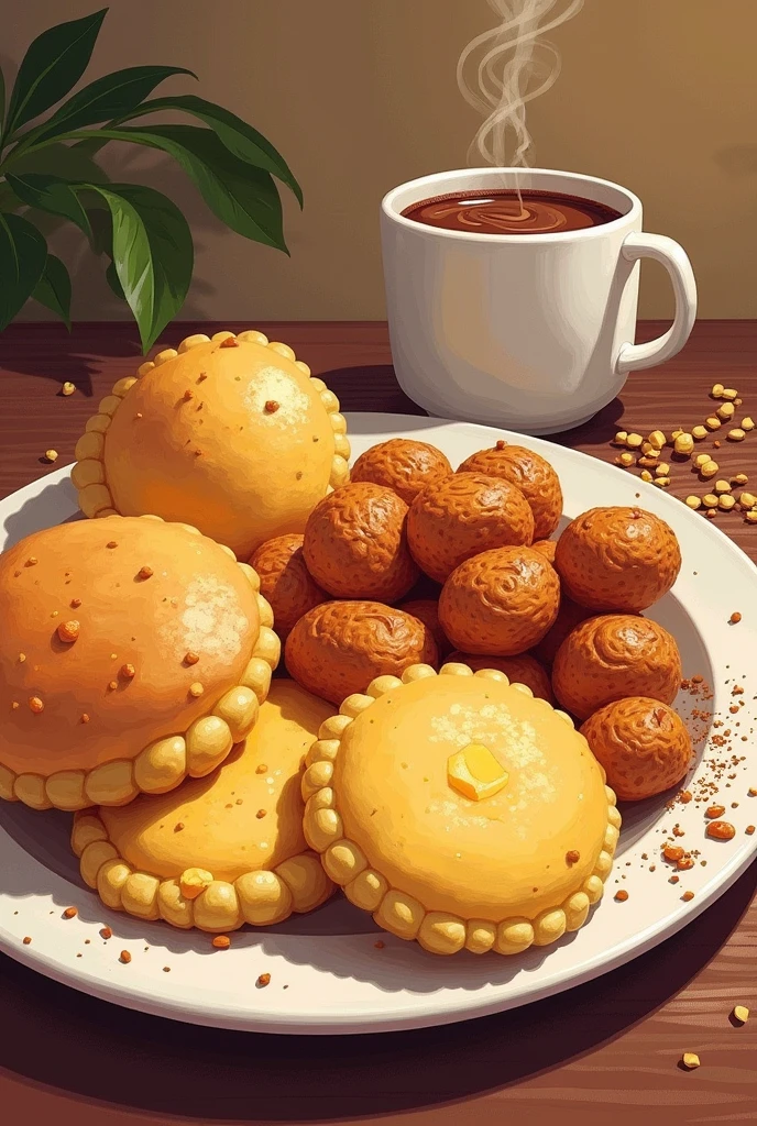 Illustration of a Colombian breakfast, that has balls, bread and chocolate.
