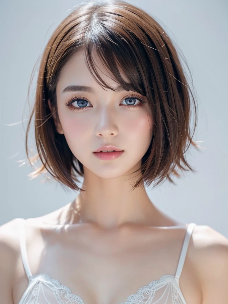 (((Short Bob Hair、White lace lingerie、White Background)))、amount、Northern Europe、Russia、beautiful girl、Brown Hair、Straight Long Hair、Hitting the face and front of the eyes、Big Blue Eyes、Sheer white and wet nightgown、Northern Europeの若者、Perfect body、White tendon、Glowing Skin、Young and beautiful skin、A perfect and beautiful little face、Bright makeup、Pale pink lips、Bright expression、Girl、lipstick、Deceptive advertising、Audience&#39;Vision、Golden Hour Lighting、Bokeh Atmosphere Perspective、detailed、Movie Light、複雑なdetailed、High resolution、 フェイスデザインのdetailedな特徴、Attention to detail、Clear focus、Smoothness、aesthetics、Printed、Octane、{{masterpiece}}、(((Open your mouth just a little、Place your right hand on your mouth 1.5)))、Mid-shot photo、