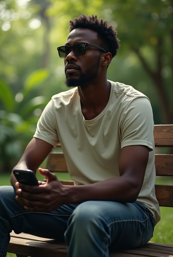 Creates an image of a young African man crying, wearing sunglasses, looking at the cell, sitting on the garden bench 