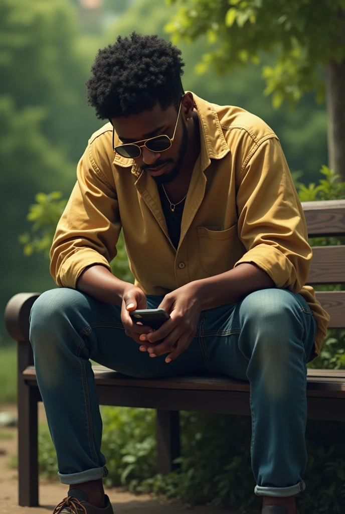 Creates an image of a young African man crying, wearing sunglasses, looking at the cell, sitting on the garden bench