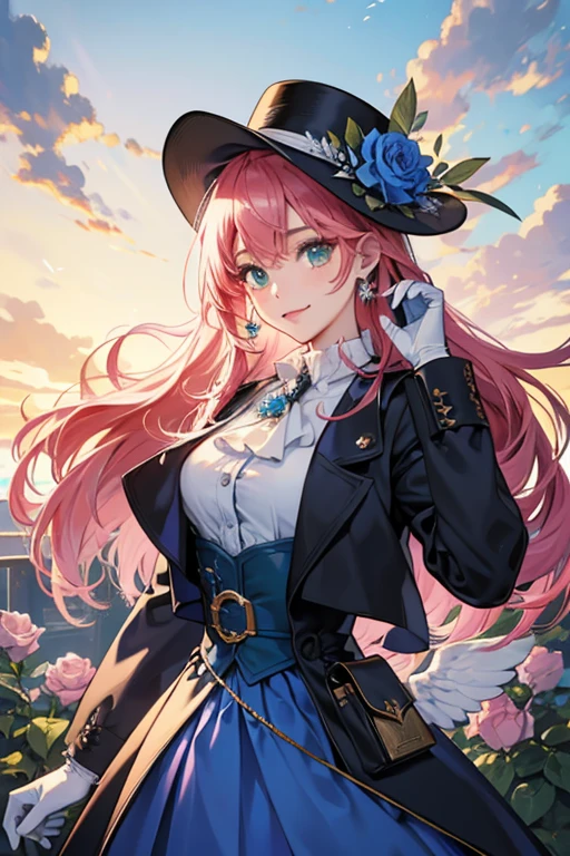 1 girl, ascot, black gloves, blue jacket, blue skirt, blue sky, cloud, cover, cover page, dress, fairy, flower, gloves, green eyes, hat, hat flower, necklace, flower necklace, jewelry necklace, jacket, jewelry, Korean text, long hair, looking at the viewer, pink hair, pocket watch, red flower, red rose, ring, rose, shirt, skirt, sky, smile, watch, white flower, white headdress, white shirt, wings, wristwatch, yellow flower shine; luster
