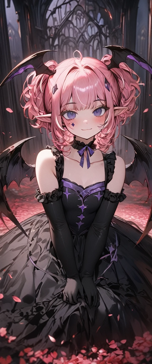 UHD, masterpiece, best quality, extremely detailed, anatomically correct, sharp focus, Midnight, gloomy atmosphere, Church, altar isle, 1girl, solo, camilavtuber, pink hair, short hair, shoulder length hair, curly hair,  (black head wings:1.2), (twin ponytail), dark purple eyes:1.1, (facial mark), small mouth, closed mouth, smiling, crucifix choker, black arm sleeves, slim arms, black gloves, small chest, 1 devil wing, single wing, ((long black gown with purple lining design)), frilly gown, slim legs, black stockings, (black high heels), (full body) , (close-up), innocent pose, eye-level shot, front view, innocent pose, scattered pink petals