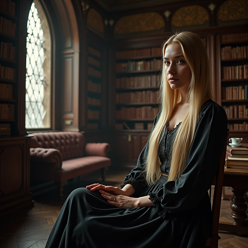 in a arafed view of a library with a large couch and a table, gothic epic library, gothic epic library concept, an eternal library, infinite celestial library, fancy library, library in the style of baroque, inside a castle library, vast library, castle library, grand library, ancient library, inside a library, ((((library interior)))), gothic library, a white woman, 40 years old, long straight blond hair, blue eyes, slim, is sitting on a chair, historical photography, ultra - realistic, natural light, Canon 5D, DSLR, 50mm, style raw, complex background, fine face and nose, fine mouth, smooth hair, skin pore visible, (Very detailed RAW photo), (photorealistic, dramatic and cinematographic lighting, Main light, Fill light), sharp focus, cinematographic, imperfect skin, Tissues, Textures, detailed face, detailed skin, detailed fingers, NaturalHand2-3500, analog film photo Deep photo, depth of field, Ferrania P30 Film, shadow, perfect face and body, low light, flash camera, washed-out film, desaturated, 35mm photo, grainy