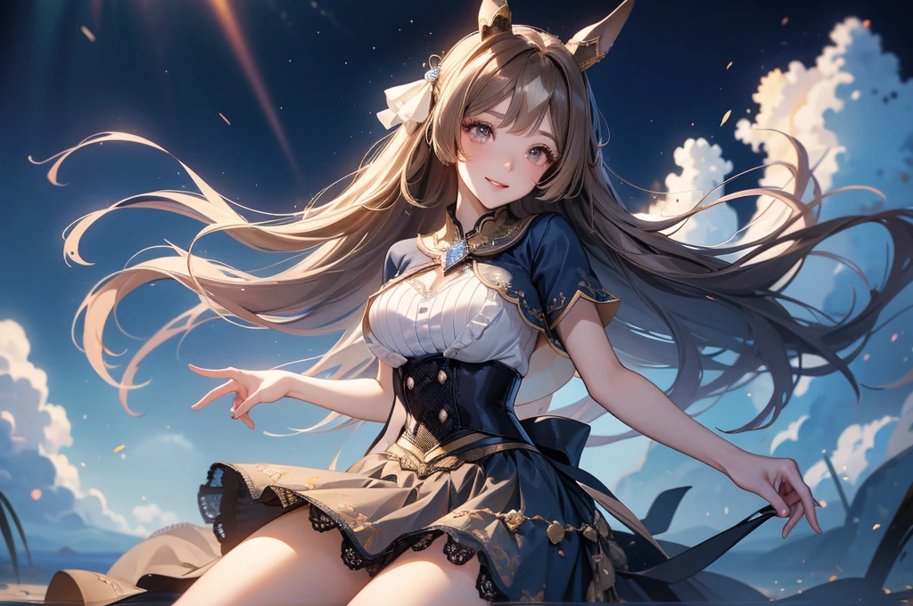 A beautiful girl with horse ears、Gummy Smile、Hands behind your head、Prone、Beautiful breasts、Dark blue negligee、super high quality、Maximum resolution、Best assembly、Correct body structure、High angle、From the knee up、Face Detail