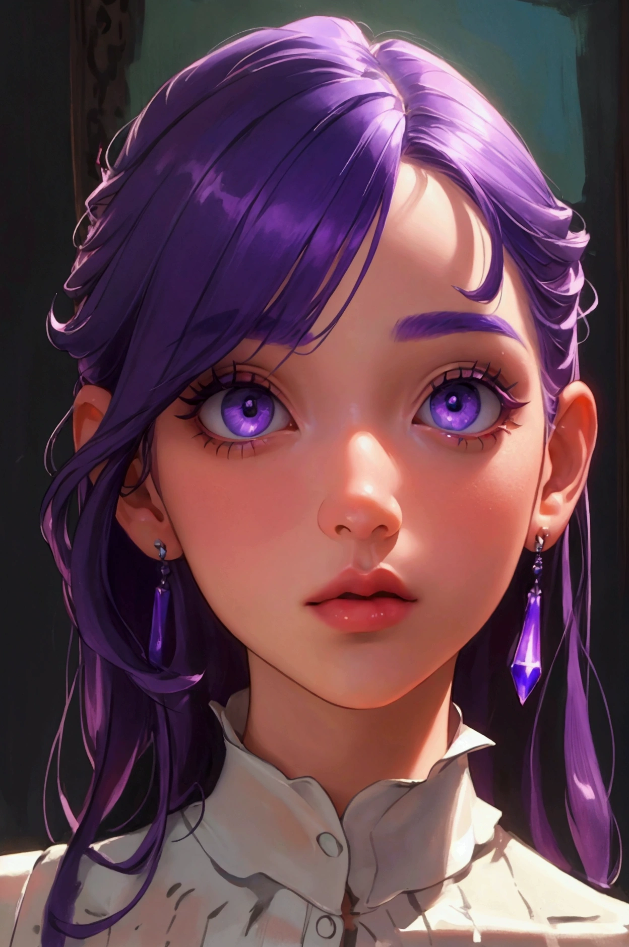 perfect, work of art, (best qualityer, high resolution:1.2), 1 girl, beautiful detailed eyes, beautiful detailed lips, extremely detailed eye and face, long eyelashes,:oil painting, bright coloured, HDR, studio lighting, ultra-fine painting, sharp focus, Physically based rendering, Extreme Detailed Description, distant,  (freeze), long purple hair, rot, transparent, In a room 