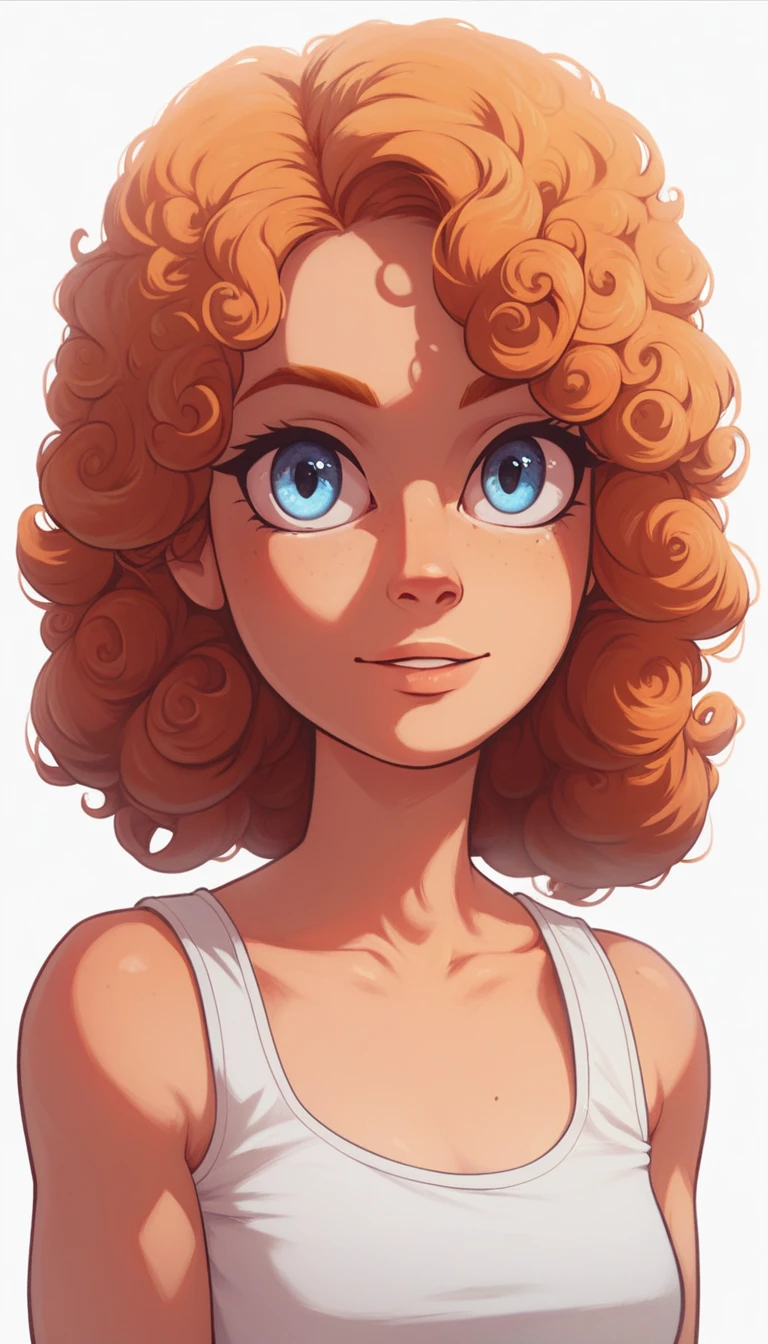 1girl,solo,upper body,low twintails,orange curly hair,(((blue eyes))),white tanktop,white background