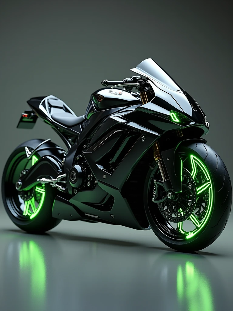 The image shows a highly futuristic and sleek motorcycle design. The bike is predominantly black with glowing green accents, especially around the tires, which have an aggressive, angular tread pattern. The overall design is sharp and angular, giving it a robotic or sci-fi appearance. The motorcycle seems to be designed for high performance, with a focus on both aesthetics and advanced technology.