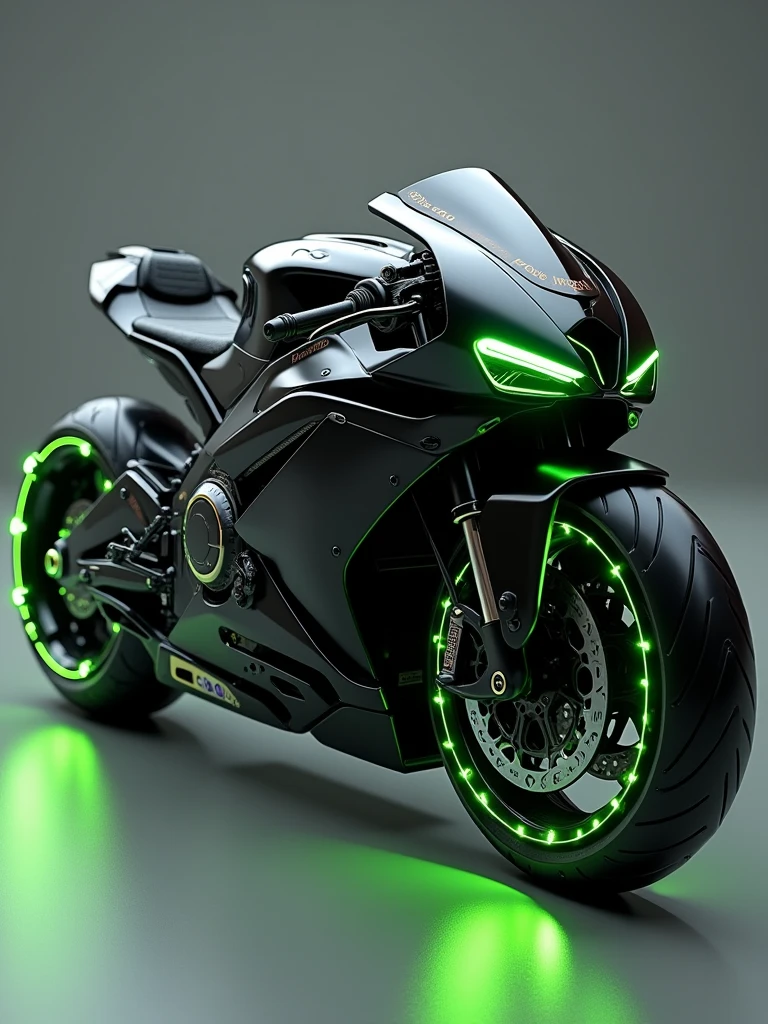 The image shows a highly futuristic and sleek motorcycle design. The bike is predominantly black with glowing green accents, especially around the tires, which have an aggressive, angular tread pattern. The overall design is sharp and angular, giving it a robotic or sci-fi appearance. The motorcycle seems to be designed for high performance, with a focus on both aesthetics and advanced technology.