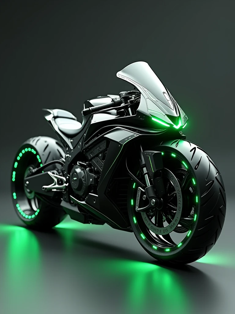 The image shows a highly futuristic and sleek motorcycle design. The bike is predominantly black with glowing green accents, especially around the tires, which have an aggressive, angular tread pattern. The overall design is sharp and angular, giving it a robotic or sci-fi appearance. The motorcycle seems to be designed for high performance, with a focus on both aesthetics and advanced technology.