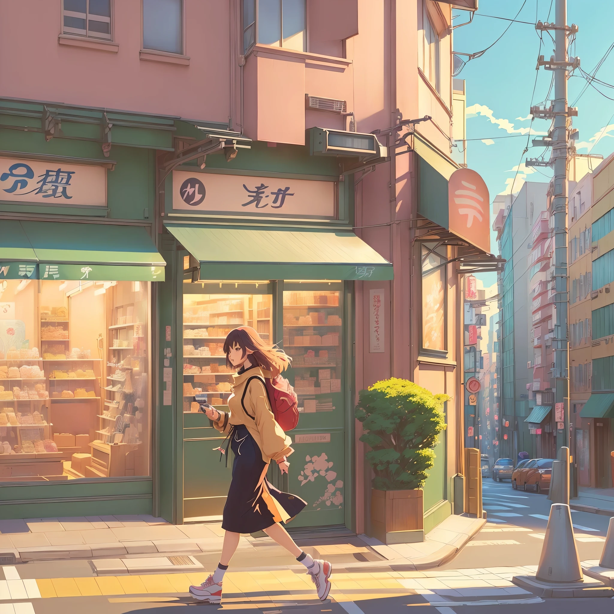 anime style illustration, depicting a woman, walking down the street in front of the store., anime background art, anime background, Tokyo, Anime scene, anime aesthetics, cozy cafe background, Anime landscapes concept art, Detailed decorations - width 672., anime style cityscape, street background, tokyo street background, lo-fi illustration style, background art, Cute bakery, Anime landscapes
