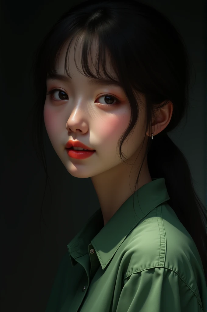 best quality, masterpiece, (photorealistic:1.4), 1girl, faint smile, green collared shirt, waist up, dramatic lighting, from below