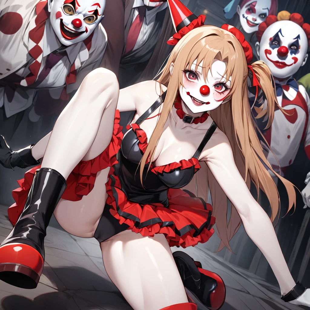 ((Highest quality)), ((masterpiece)), (detailed), （Perfect Face）、((The woman is Yuuki Asuna, with light brown, medium-long hair, pure white skin, and a creepy clown mask.))、The woman is a creepy, evil clown wearing a risqué black rubber V-neck leotard outfit, long black rubber boots, long black rubber gloves, lots of frills and clown decorations, a clown collar, a clown jester hat, a swallowtail skirt, and creepy clown makeup on her face and a red nose.、The woman is a creepy, evil, lewd clown who is a minion of an evil organization.