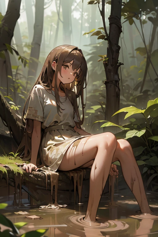 (Pose change:1.3), masterpiece, Highest quality, High resolution, (Detailed Design), (Muddy Girl:1.3), Completely naked, (Mud bath), in the forest, Africa, Barefoot