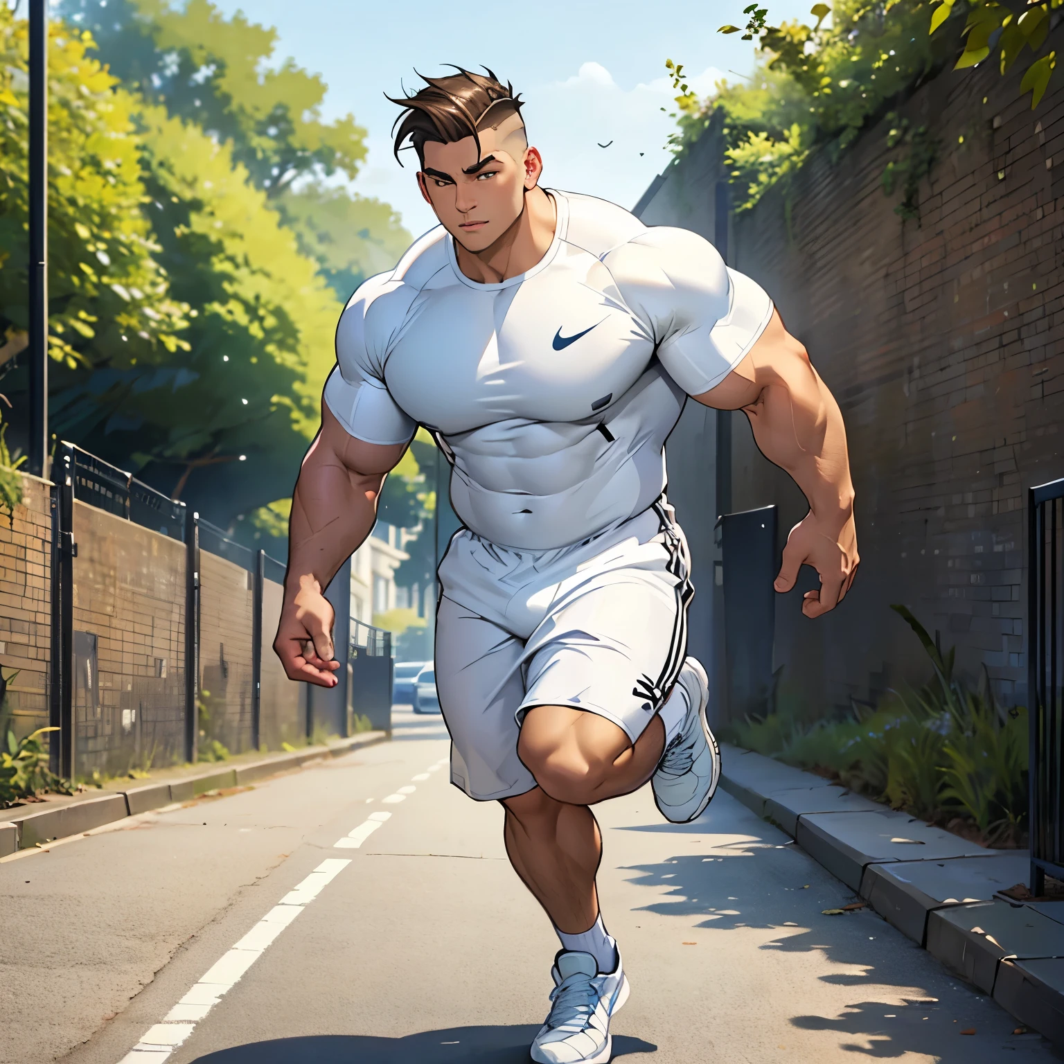Lion, lion tail, muscular, jogging, fluffy, tall, huge, (((big pecs))), handsome, t-shirt, park, smile (((realistic, 8k, ultra details, masterpiece)))