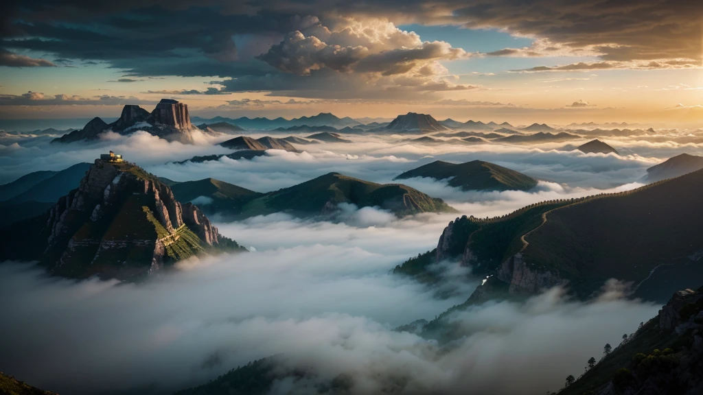 Fantasy sky city, city of elves in the clouds in the mountains, In the center of the illustration is a heavenly city made with amazing architecture and symmetrical forms, Photorealistic drone photo of a mountain slope. Morning over the city, morning over the magical and mystical city in the sky, cozy heavenly city, cozy place in the morning, The silhouettes of plants and the contours of the landscape became increasingly clear in the light of the rising sun, The air on this unfamiliar planet was saturated with aromas, never before encountered by the human sense of smell, The thick and sweet scent of flowers, mixed with spicy notes of unknown plants.. Wei is next to him, A light fog swirled, creating an atmosphere of mystical wonder and absolute silence, the windows of houses and buildings sparkle with a bright yellow light, Kodak ektar film, 35mm photography, professional lighting, deep aesthetic, microscopic details, contemporary art, dreamlike surrealism, The scene is epic and mysterious, reminiscent of the X-Files, dreamy, ethereal, ultra-detailed, Strong contrast, Good depth of field, 8K wallpaper, Masterpiece, Aesthetic illustration in realistic style, Dark Clouds almost completely covered the sky, the air is very humid, urgently outside, In the background, huge, incomprehensibl