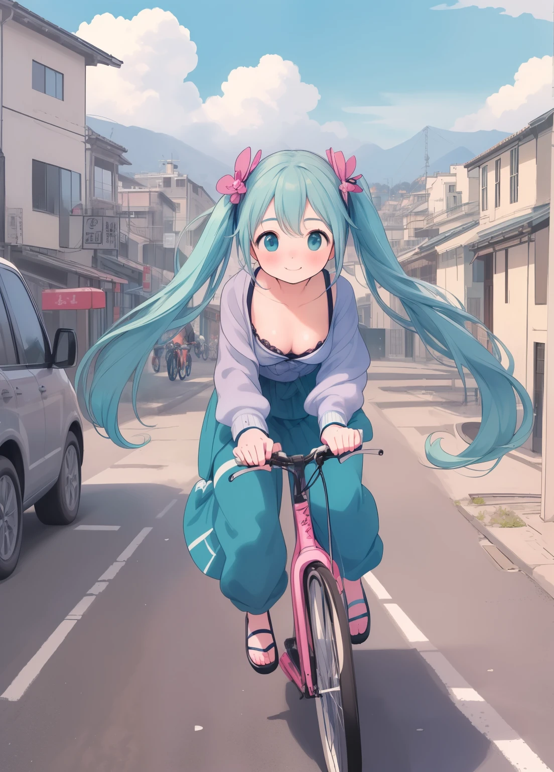 (masterpiece、Highest quality、Highest quality、Official Art、Beautiful and beautiful:1.2)、(One person:1.3)Hatsune Miku、Twin tails,Beautiful breasts, Katsushika Hokusai,In the streets of Popkara Town、Pretty woman riding a bicycle。Looking up from a low angle、Colorful buildings and bright smiles of women are impressive。Highest quality、landscape