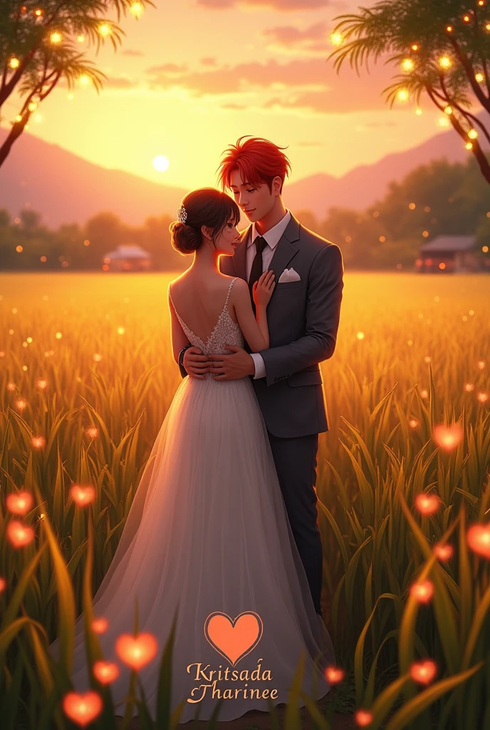 A man in a grey suit with red hair, very tall and muscular in the middle of a rice field with his shorter girlfriend, wearing a modern wedding dress hugging his waist at a wedding. The atmosphere is during the sunset with surrounding lights from various colors that are decorated around the event. The name is written under the picture below as Kritsada, with a heart shape between both names, and the name Tharinee.