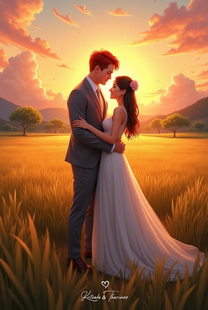 A man in a grey suit with red hair, very tall and muscular in the middle of a rice field with his shorter girlfriend, wearing a modern wedding dress hugging his waist at a wedding. The atmosphere is during the sunset with surrounding lights from various colors that are decorated around the event. The name is written under the picture below as Kritsada, with a heart shape between both names, and the name Tharinee.