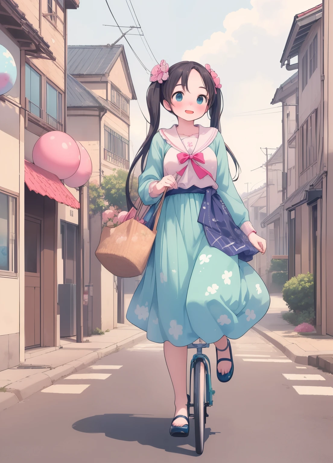 (masterpiece、Highest quality、Highest quality、Official Art、Beautiful and beautiful:1.2)、(One person:1.3)Hatsune Miku、Twin tails,Beautiful breasts, Katsushika Hokusai,In the streets of Popkara Town、Pretty woman riding a bicycle。Looking up from a low angle、Colorful buildings and bright smiles of women are impressive。Highest quality、landscape