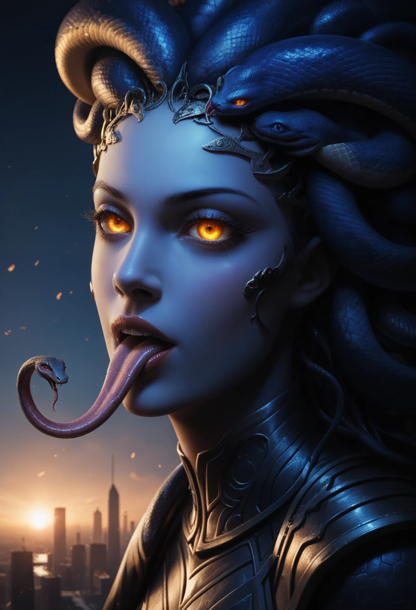 score_9, score_8_up, score_7_up, 1 female medusa alien, A scene from a science fiction movie, beautiful detailed eyes, A third eye on the forehead, beautiful detailed lips, extremely detailed face and eyes, long eyelashes, (long tongue like a snake:1.2), intricate insect-like features, glowing compound eyes, scythe-like forelimbs, alien carapace, vibrant colors, futuristic sci-fi environment, neon lights, glowing energy field, complex technological architecture, dramatic lighting, cinematic atmosphere, award winning digital art, hyper realistic, 8k, high quality, masterpiece, Bioluminescence, Translucent armor, thespiritde